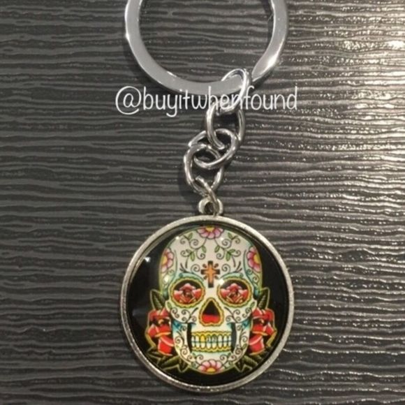 K Sugar Skull Day of The Dead Cabochon Keychain - Picture 1 of 8